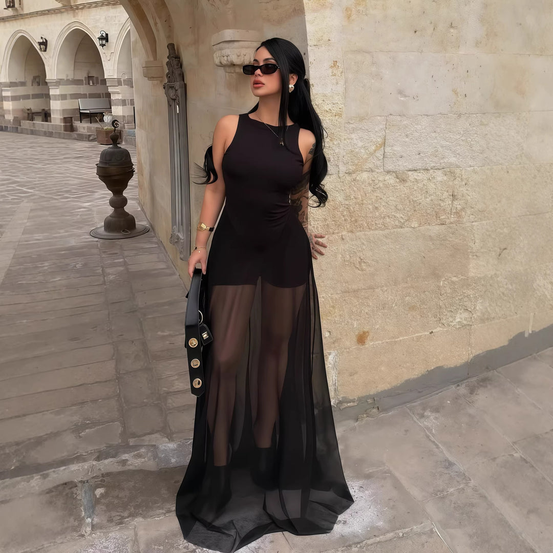 Damer Elegant Maxi-kjole med gjennomsiktig chiffon-overdel og figurnær innside Skjora