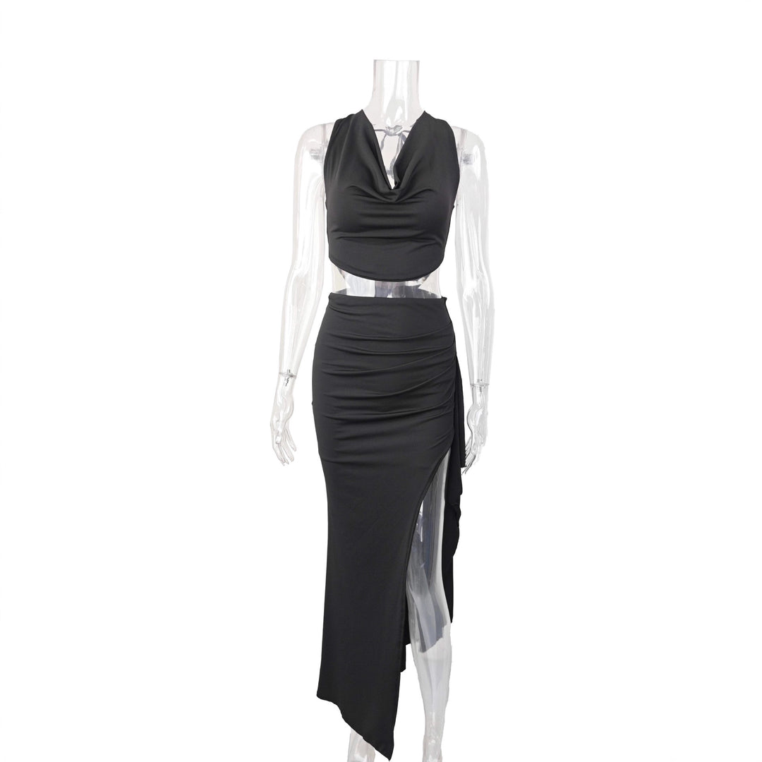 Women's Elegant Crop Top and Maxi Skirt Set with High Slit Skirt