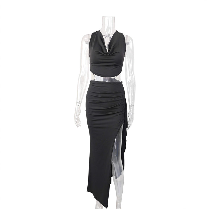 Women's Elegant Crop Top and Maxi Skirt Set with High Slit Skirt