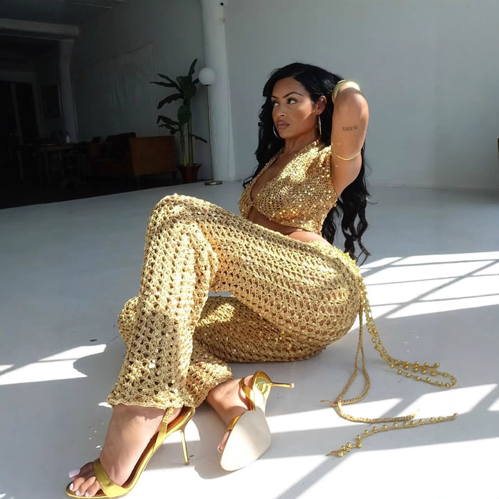 Kvinnelig ankel-length glitter overfit sett med glitrende detaljer og flytende design