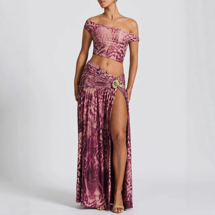 Damer Elegant topp med høyt skjært skjørt i dyretrykk Skjora