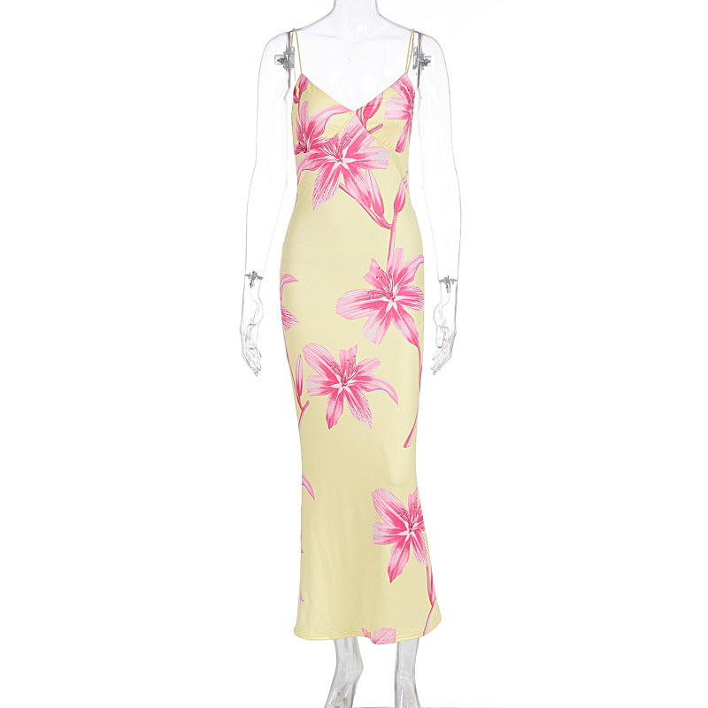 Damen Elegant Blomster maxikjole med fine spaghetti stropper og figurtilpasset snitt Skjora