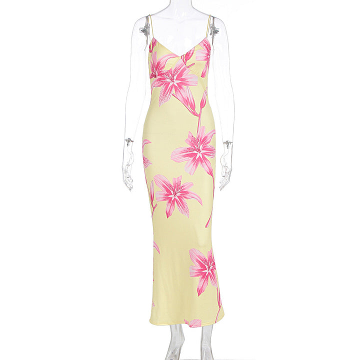 Damen Elegant Blomster maxikjole med fine spaghetti stropper og figurtilpasset snitt Skjora