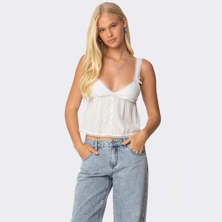 Damen Crop-Top aus feiner Baumwolle mit dekorativen Knopfdetails Skjora