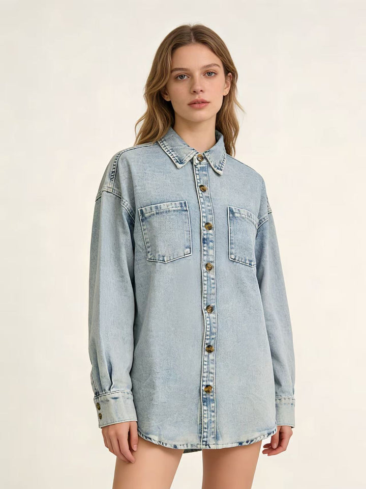 Dame Oversized Denim-skjorte med påsydde lommer Skjora