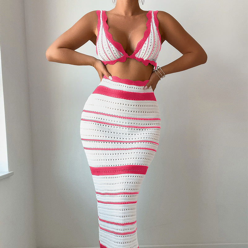 Damen Häkel-Crop-Top und Maxirock Set Skjora
