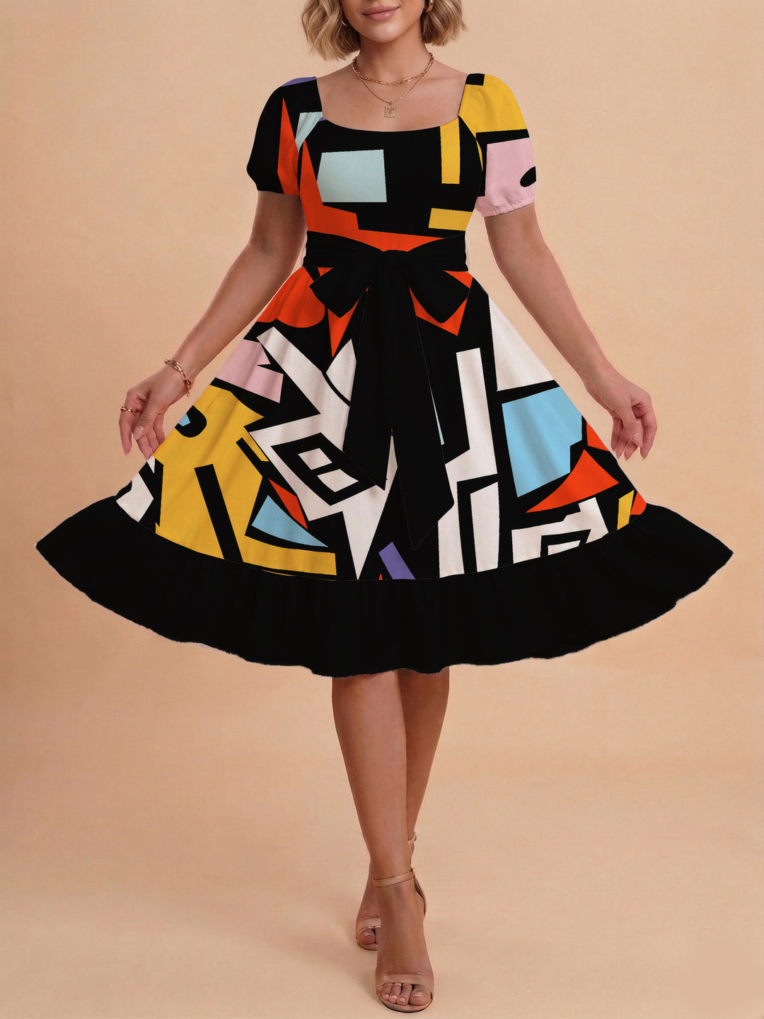 Damen schickes Glitzerkleid mit tailliertem Schnitt und Rüschensaum Skjora
