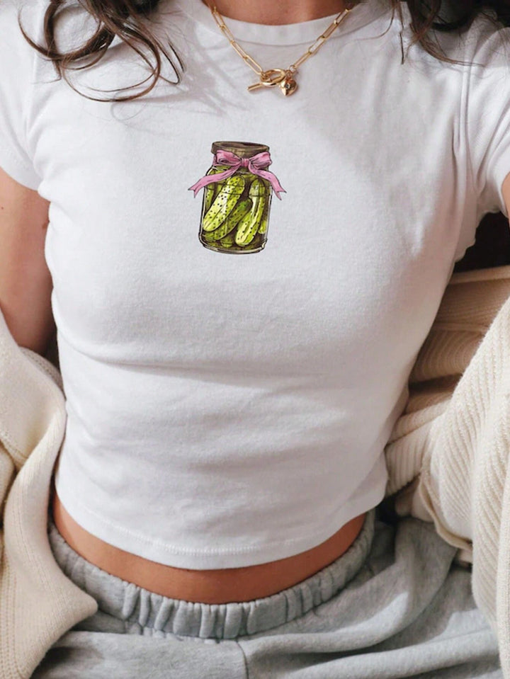 Dame Crop-Top med iøynefallende tekst Skjora