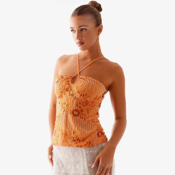 Damer Glitrende Bustier Topp med Blomsterdesign og Glitrende Applikasjoner Skjora