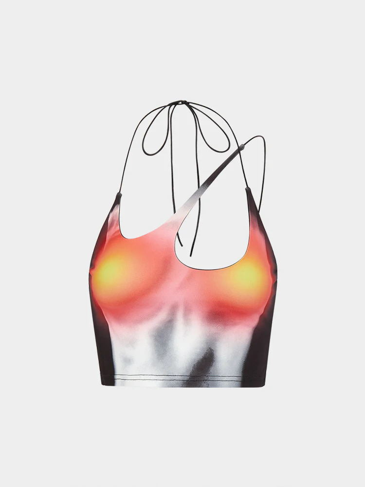 Dame Crop-Top med asymmetrisk stroppdesign og livlig grafisk trykk Skjora