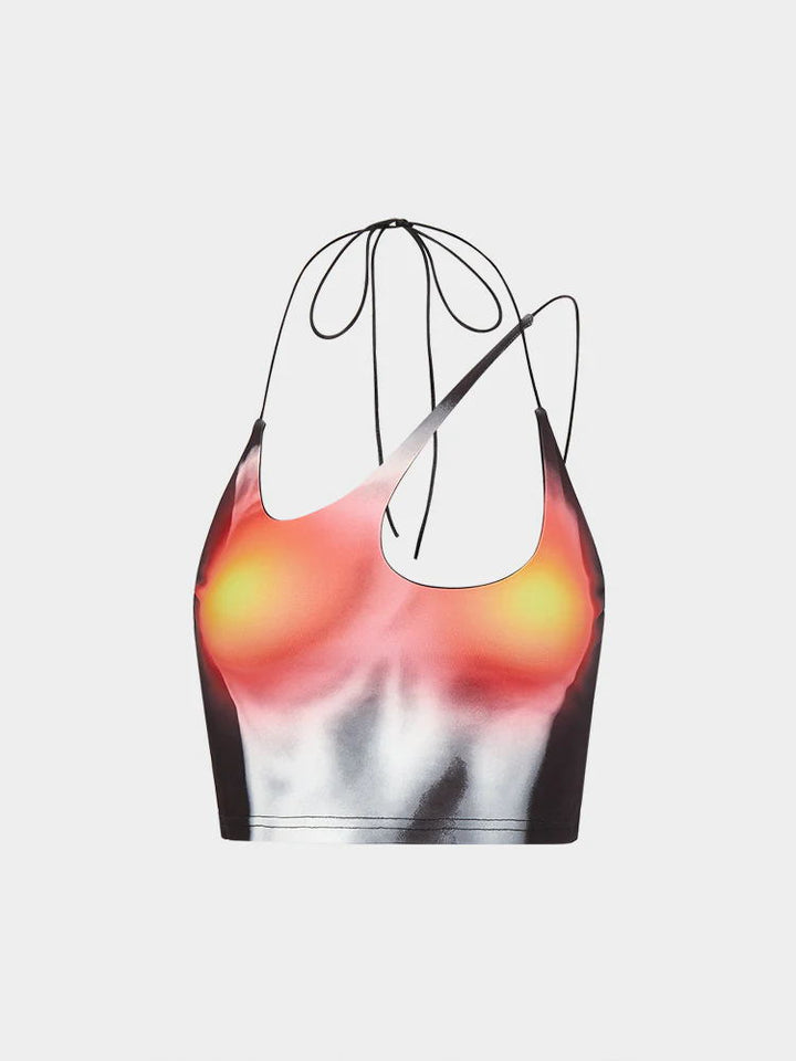 Dame Crop-Top med asymmetrisk stroppdesign og livlig grafisk trykk Skjora