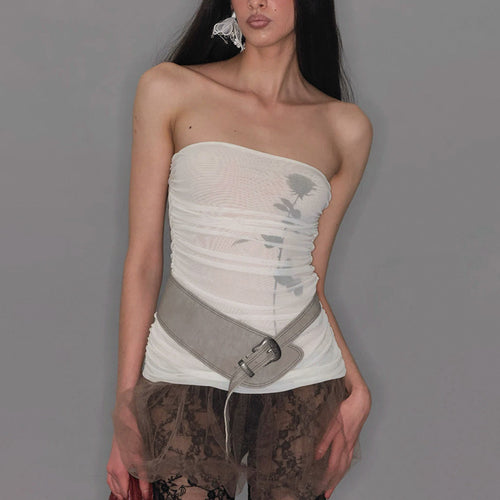 Dame Bandeau-top med rynk og transparent stoff Skjora