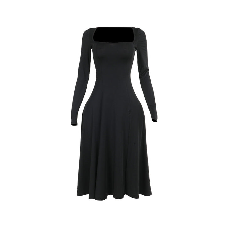 Damer Elegant Langermet Kjole med Kvadratisk Utringning og Svingete Skirt Skjora