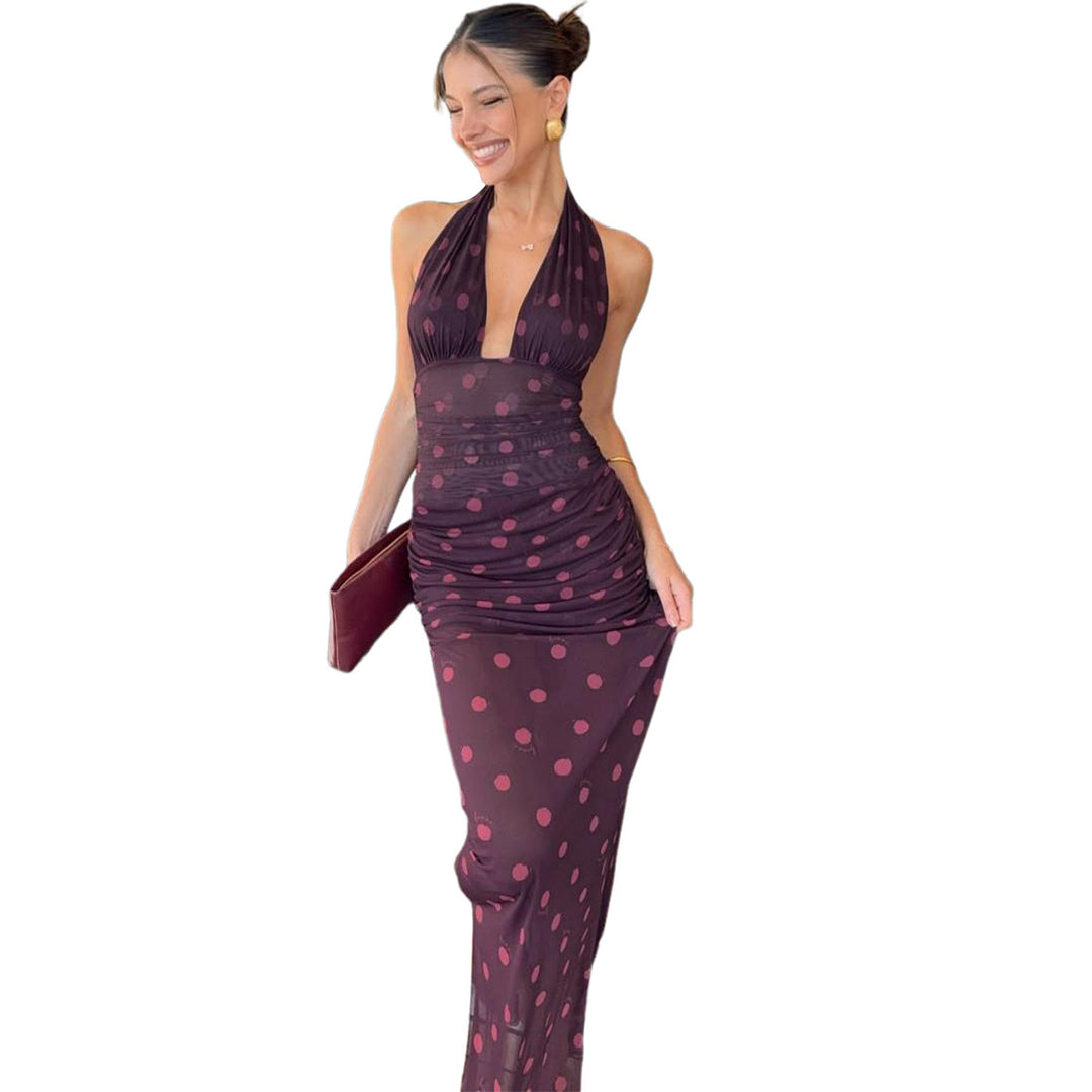 Damer Elegant Maxikjole i Polka-Dots Design med dyp V-hals og figursydd silhuett Skjora