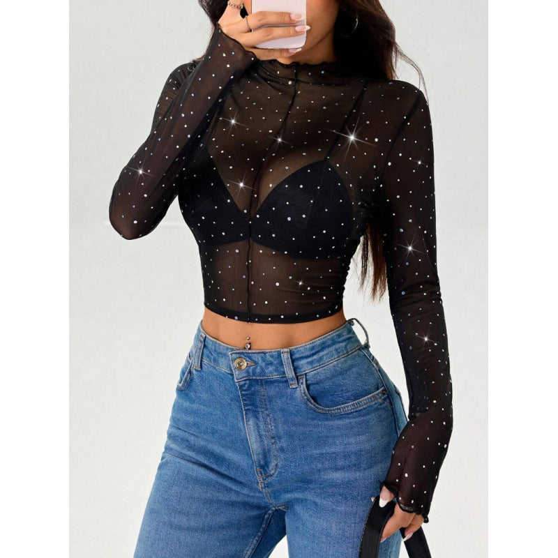 Damer Sexy Crop-Top i gjennomsiktig nett med glitrende aksenter Skjora