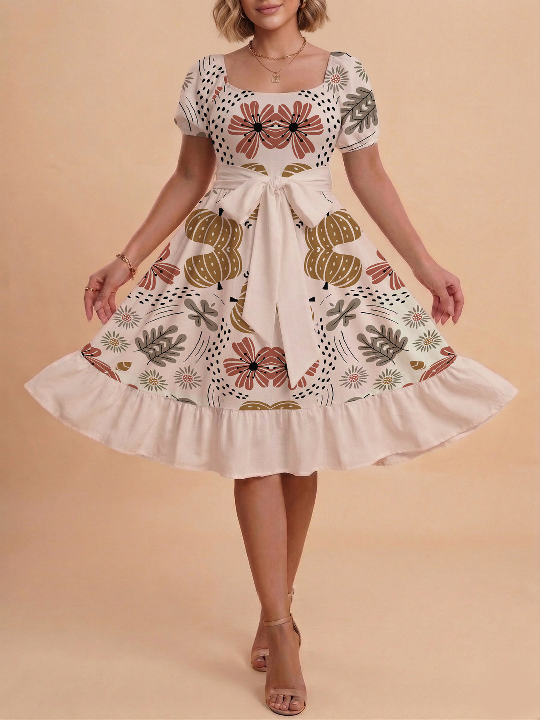 Damen Sommerkleid mit floralem Puffärmel und taillierbarem Gürtel Skjora