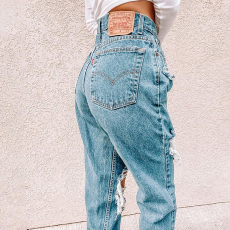 Damer Vintage Høyt liv Ødelagte Jeans med frynsede detaljer Skjora