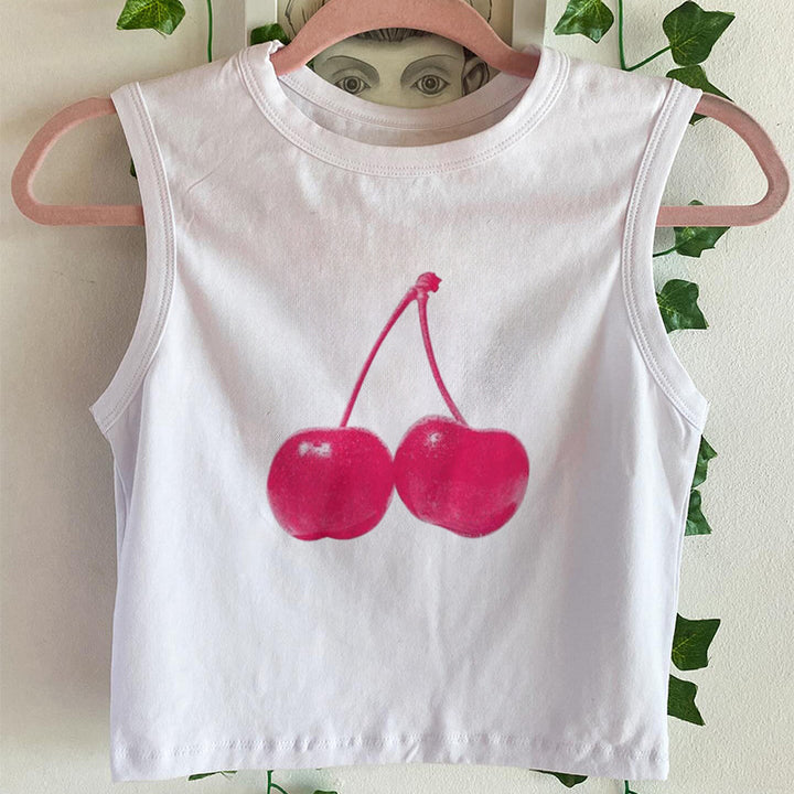 Dame cropped T-skjorte med friskt kirsebærmotiv Skjora