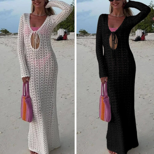 Damen Elegantes gehäkeltes Strandkleid mit tiefem V-Ausschnitt und luftiger Struktur Skjora
