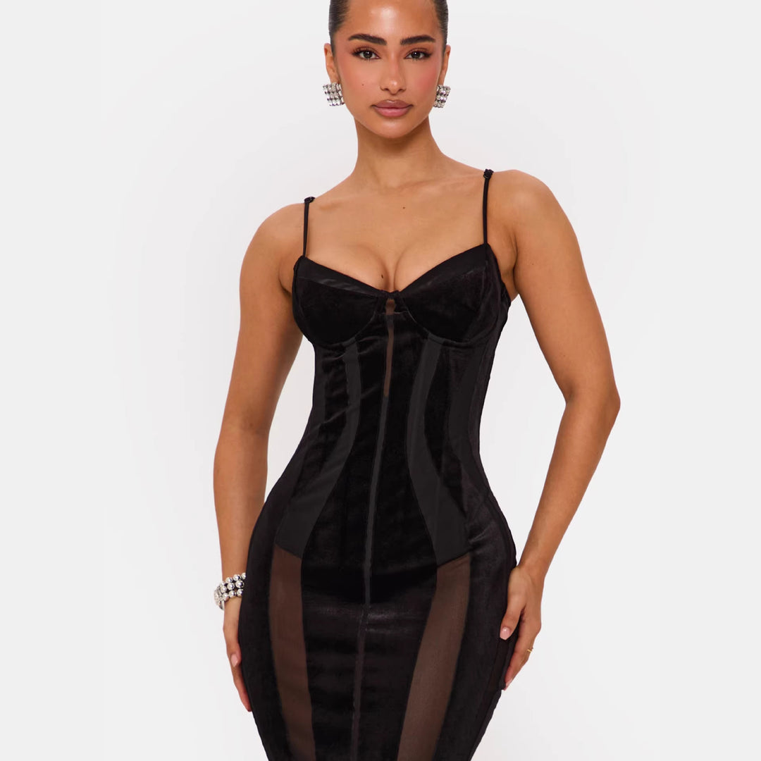 Dame Bodycon Kjole med sofistikert korsett topp og transparente innsatser Skjora