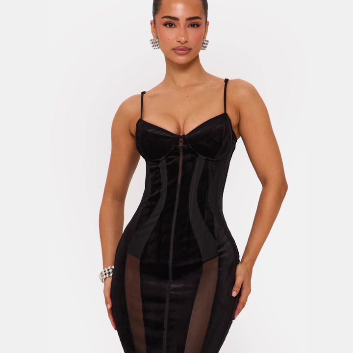 Dame Bodycon Kjole med sofistikert korsett topp og transparente innsatser Skjora