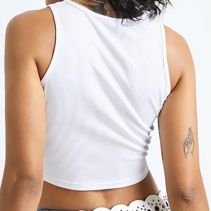 Dame Crop-Top med kreativ fotoprint og figursmalende snitt Skjora