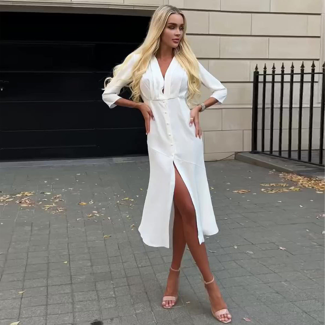 Kvinneskjorte kjole med elegant V-hals og knappestolpe