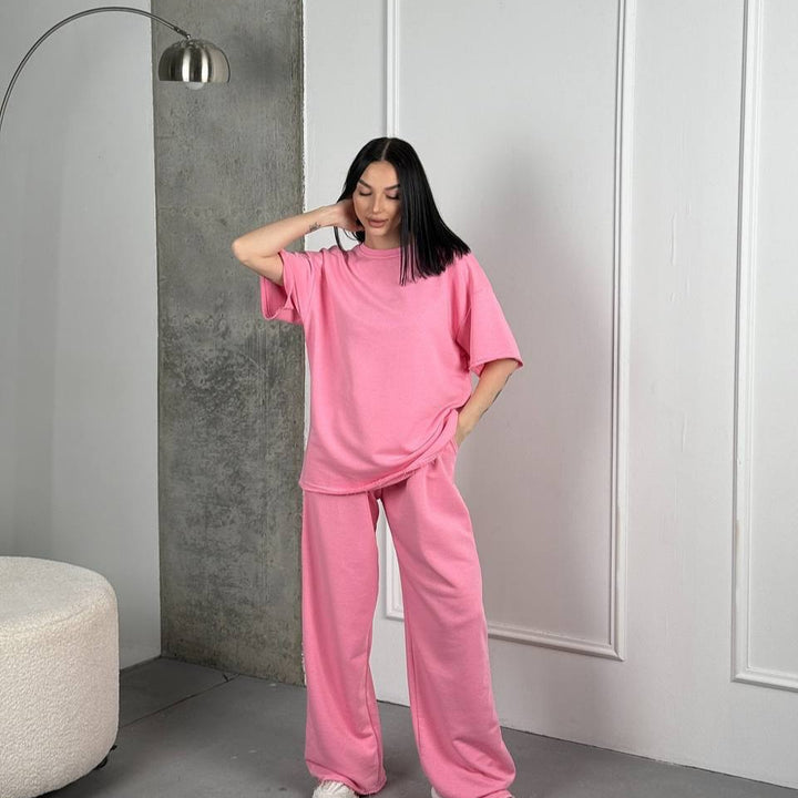 Dame casual relaxed-fit topp og brede bukser sett med praktiske sidelommer