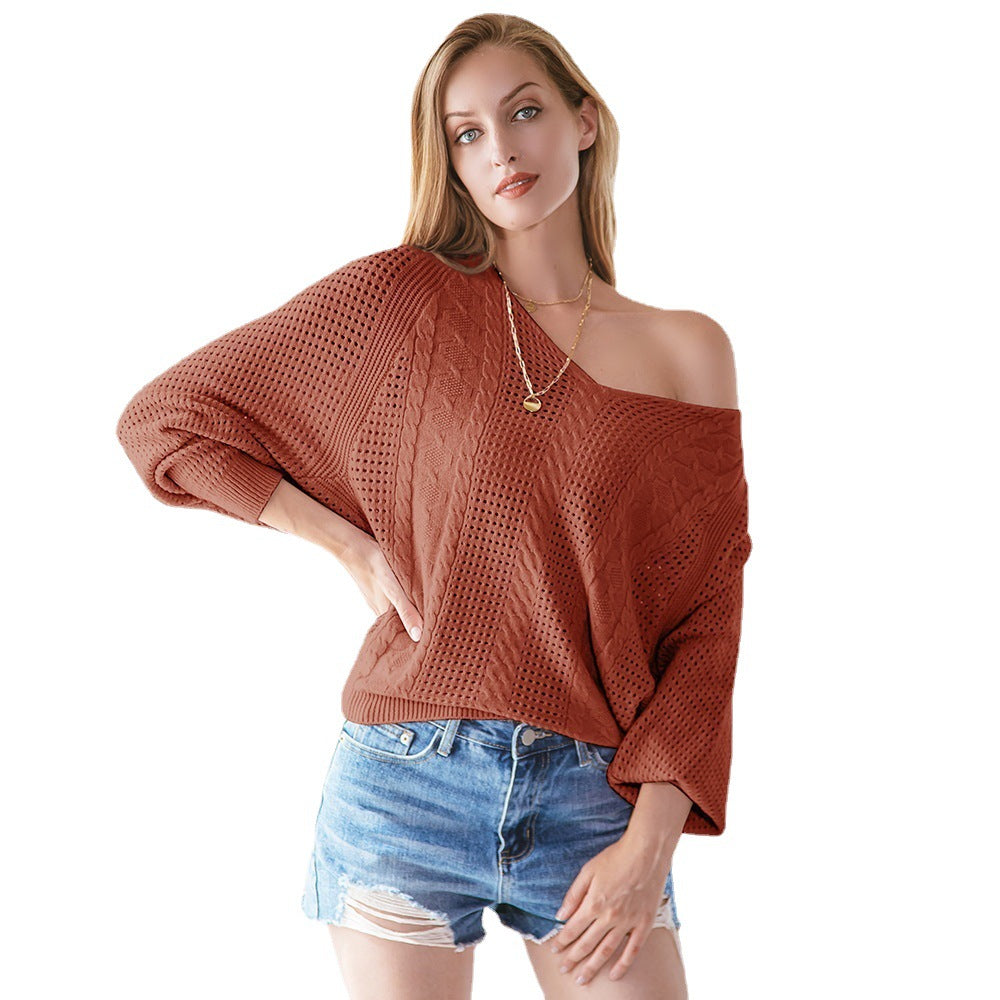 Dame chunky strikkegenser med off-shoulder design og tekstur Skjora