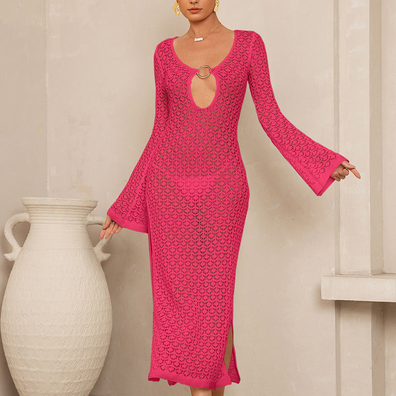 Damen Häkel-Maxikleid mit tiefem Ausschnitt und weit ausgestellten Ärmeln Skjora