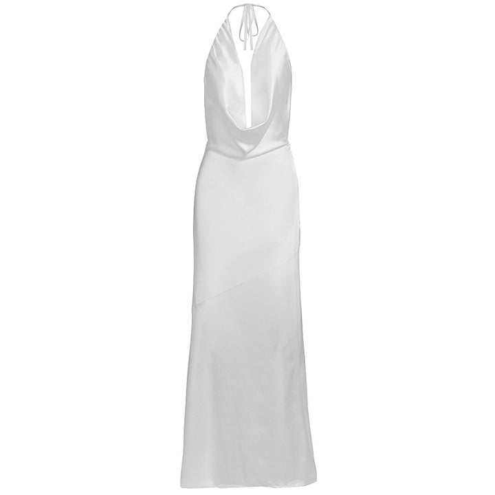 Damer elegant chiffon maxikjole med dyp ryggutskjæring og raffinert omslagsdesign Skjora