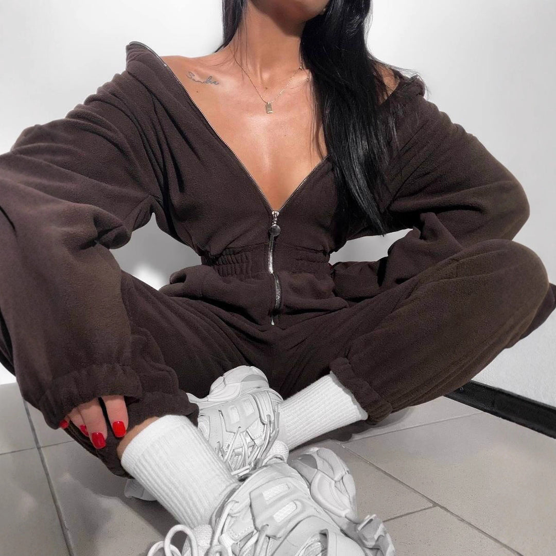 Dame Fleece Jumpsuit med Glidelås og Hette Skjora
