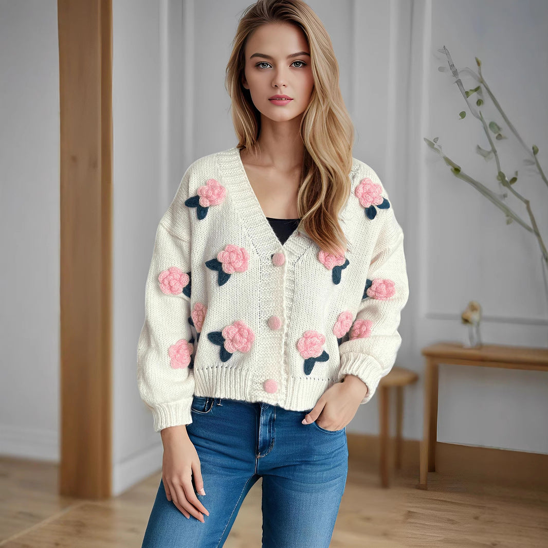 Dames kosete cardigan med blomster 3D-design og store knapper Skjora