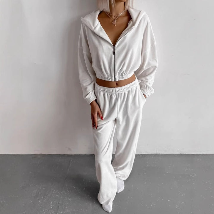 Kvinnes sporty fleece-sett med glidelås og elastisk midjebelt