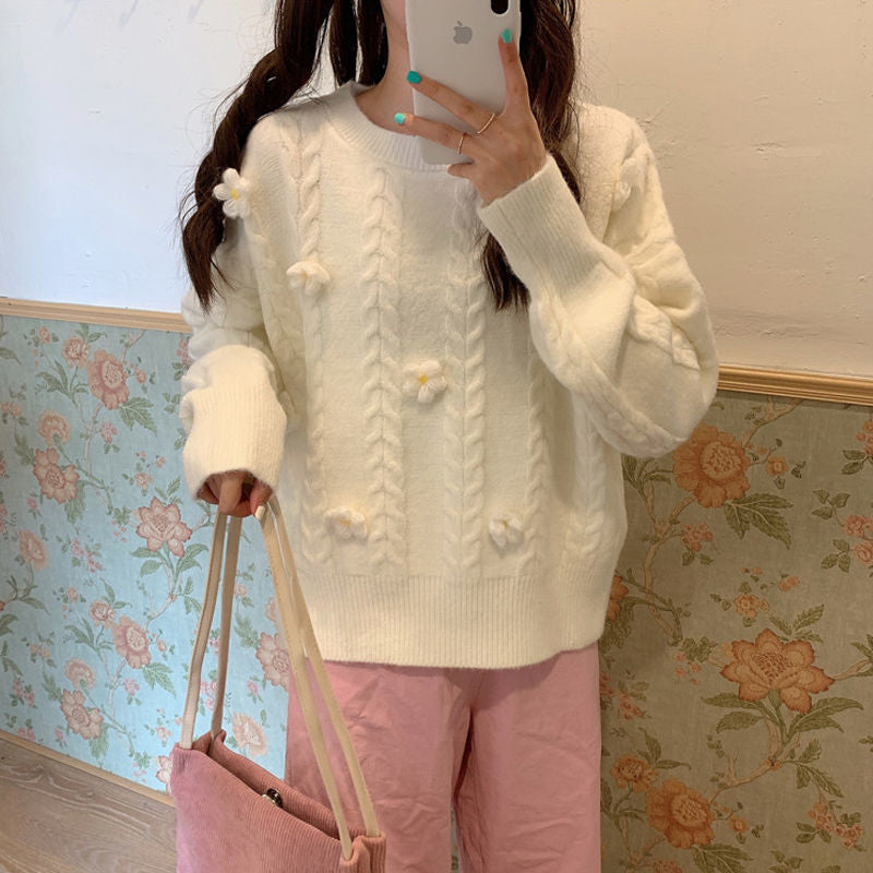 Damer Fashionable Chunky Knit Genser med Blomsterapplikasjoner Skjora