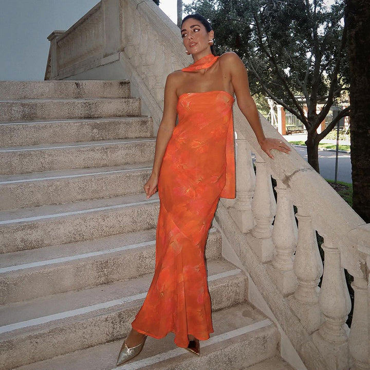 Damer Elegant Blomstermaxikjole med Halterneck og flytende stoff Skjora