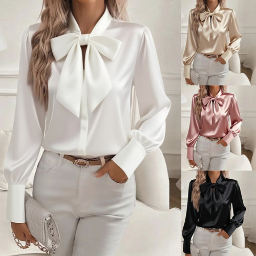 Dame elegant satengbluse med sløytekrage og pufferm Skjora
