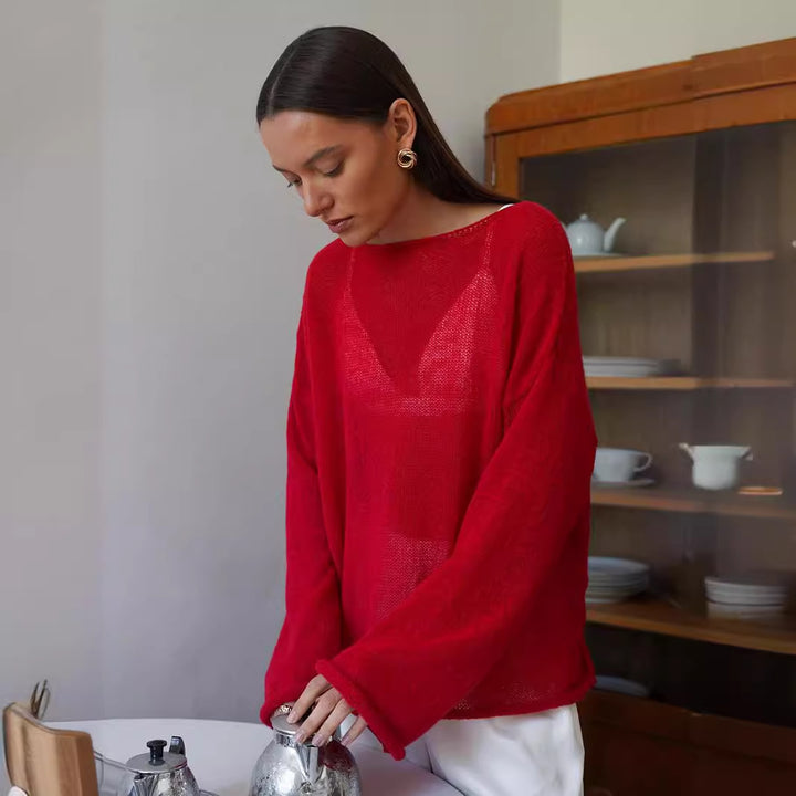 Damer casual genser med brede ermer og fin åpenstrikk design Skjora