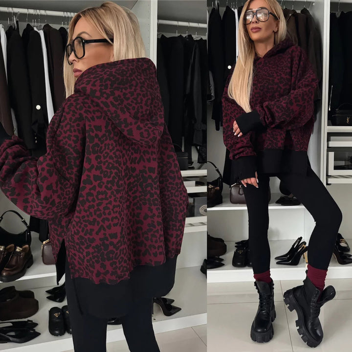 Kvinne Oversized Hoodie i Leopardmønster Skjora