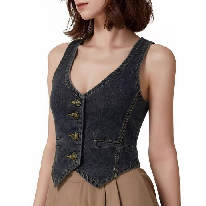 Dame Denim Bustier-Top med knappdetaljer og forlenget silhuett Skjora