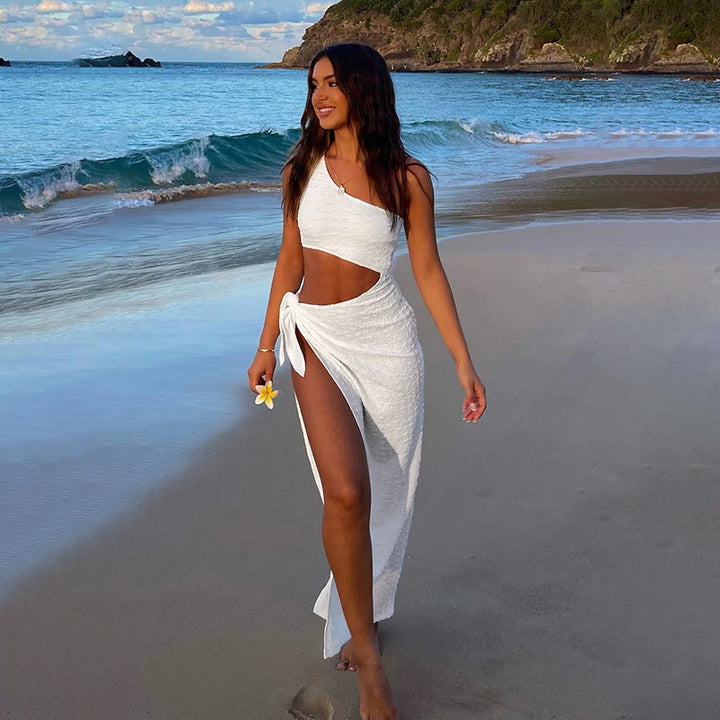 Damen asymmetrisk maxikjole med cut-out og omslagsdesign Skjora