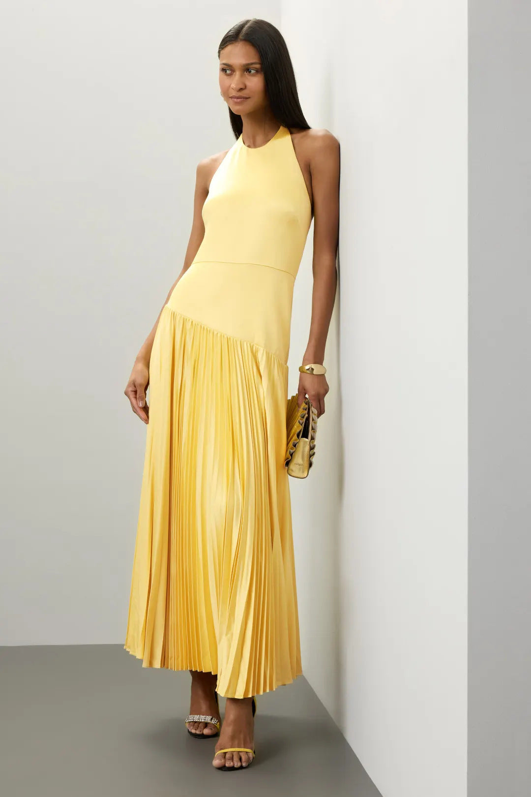 Dames Elegant Maxi Kjole med Flytende Plisserte Skjørt og Halter Hals Design