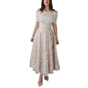 Elegant midi kjole for kvinner med brodert blondetopp og utsvingt skjørt