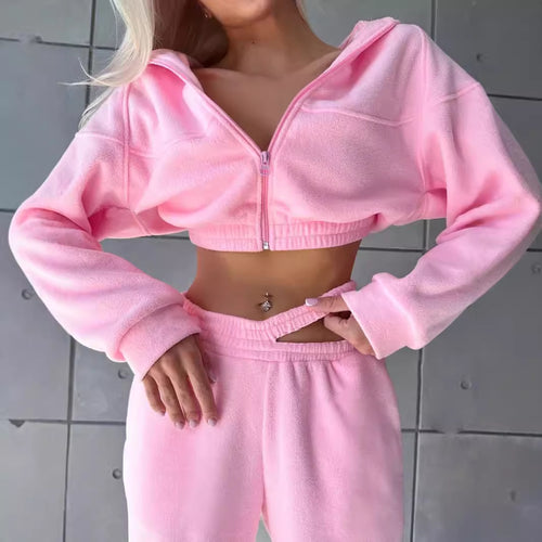 Kvinne Sporty Fleece Crop Top og Joggebukse Sett Skjora