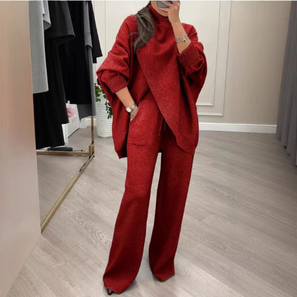 Kvinnelig Cozy Knit Ensemble med Oversized Genser og Vide Bukser Skjora