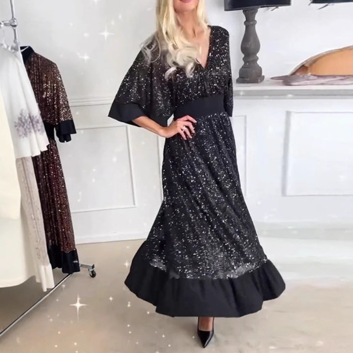 Damer Glamorous Kveldsdrakt med Glitrende Detaljer og Voluminøse Ermer Skjora