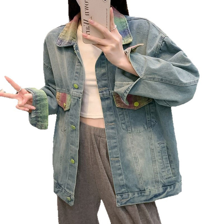 Kvinne Oversized Denim Jakke med Fargerike Accenter Skjora