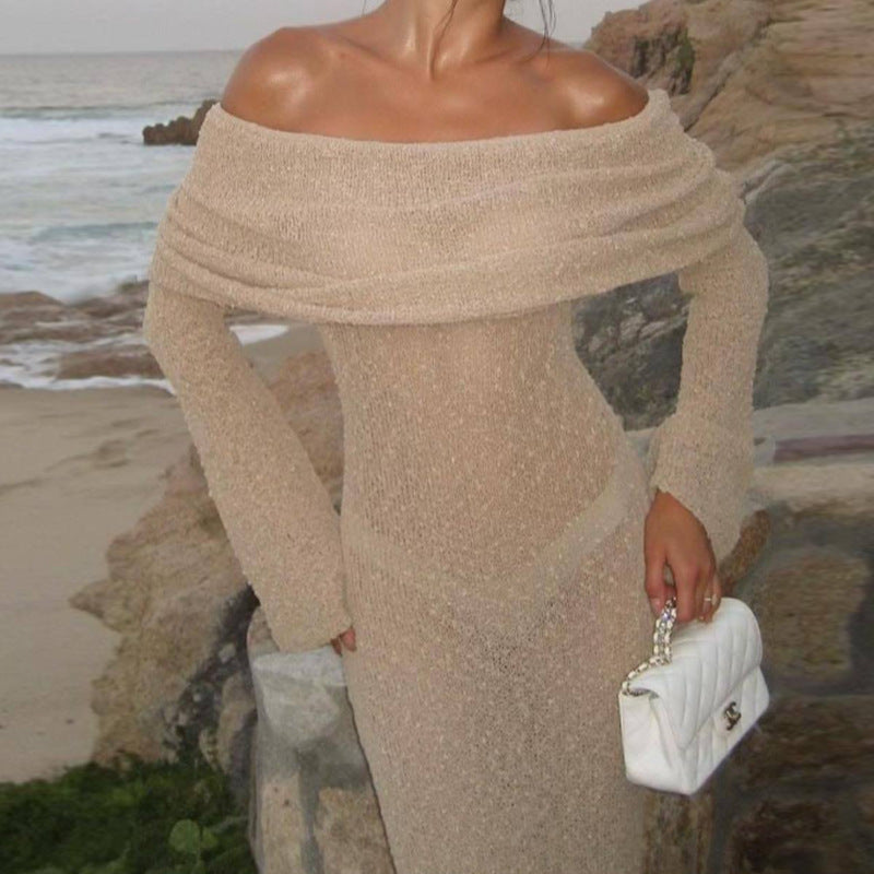 Damen Off-Shoulder Maxikleid mit langem Arm und elegantem Stoff Skjora