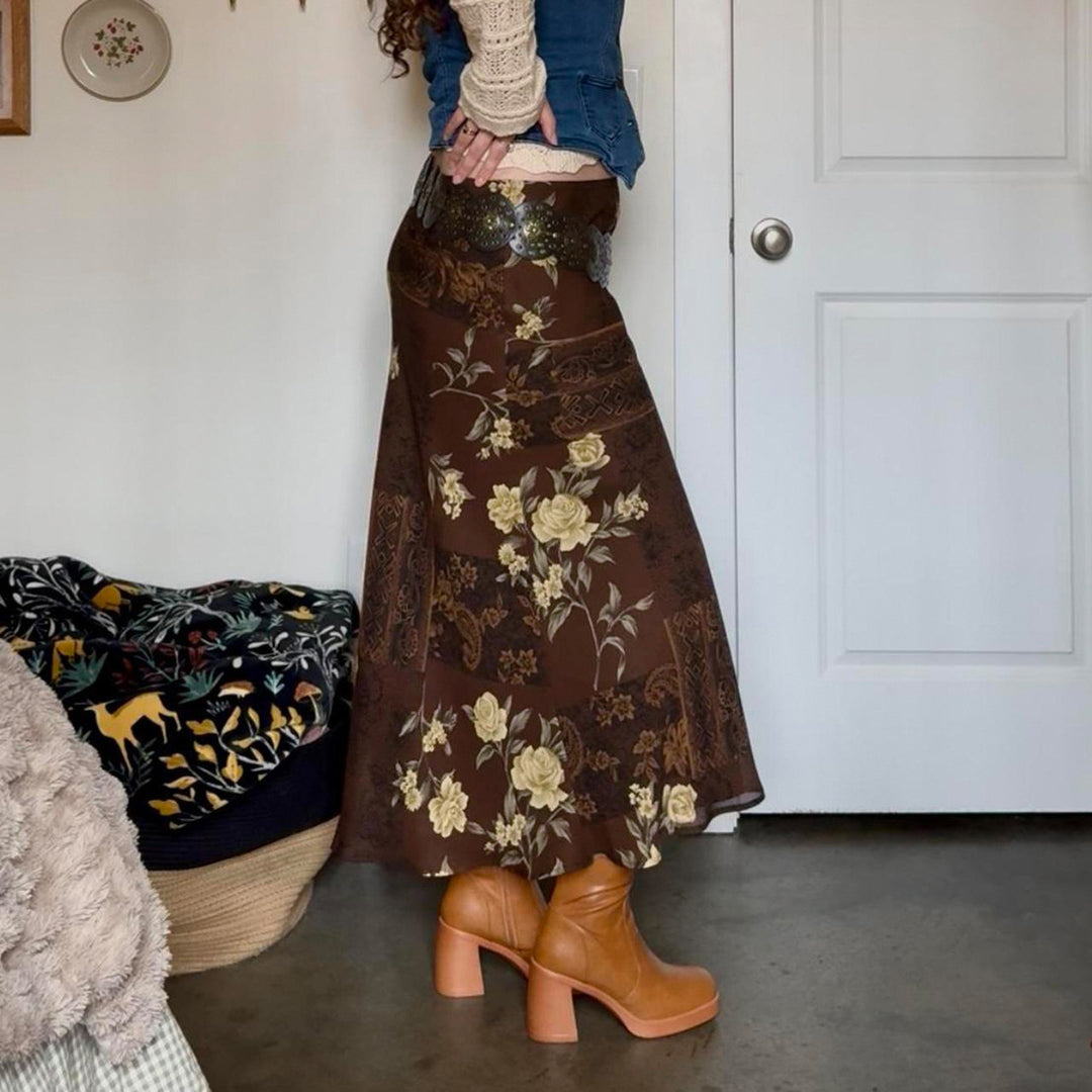 Damed Maxi-nederdel med blomsterdesign og gennemsigtig chiffon-overlejring Skjora