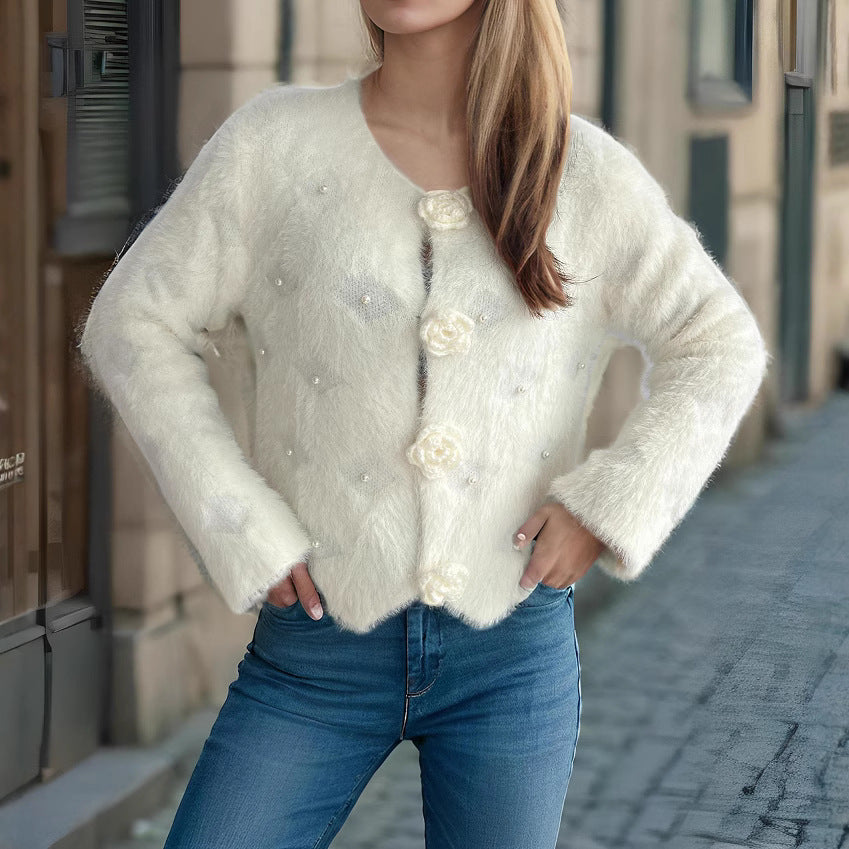Dame fin cardigan med blomsterapplikasjoner og perleakcenter Skjora
